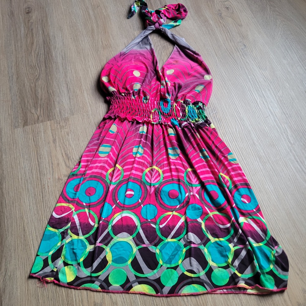 Red Camel Dress Womens XL Pink Teal Geometric Halter Smocked Boho Mini Summer